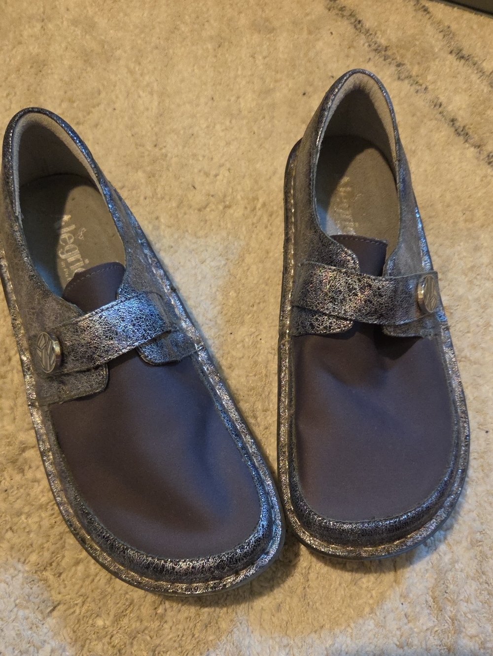 Alegria Metallic Gray Slip-On Mules with Stretch Vamp